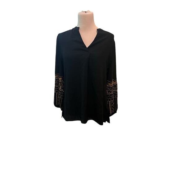 Chicos Top Size Med Beaded Holiday Black Gold Long Balloon Sleeve Dressy - Picture 4 of 4